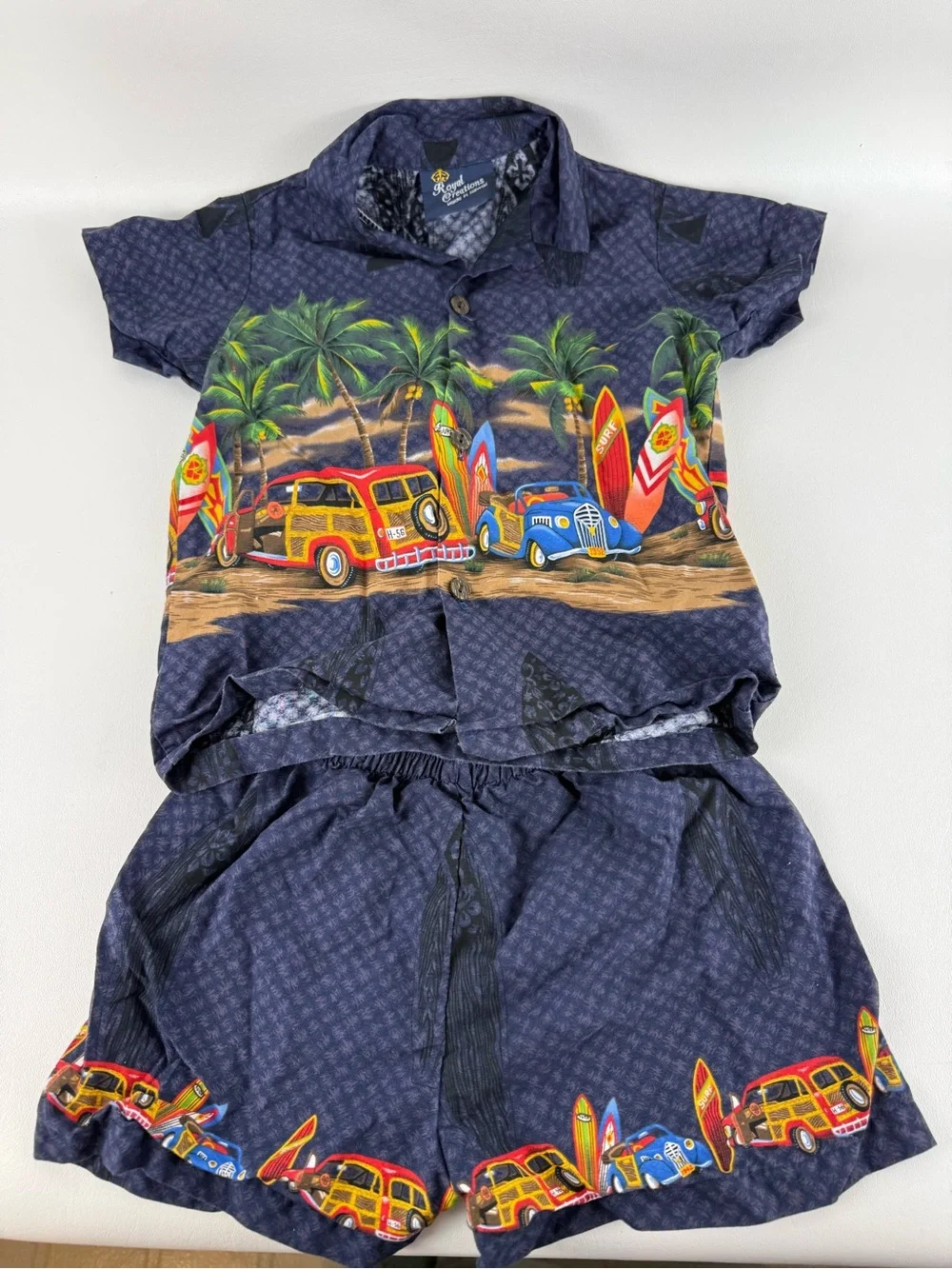Vintage Royal Creations Made in Hawaii Kids Hawaiian Shirt Shorts Set Woodie Car